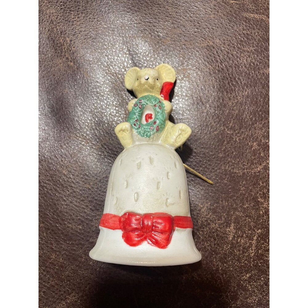 Hand-Painted Ceramic Mouse Christmas Bell With Red Bow & Wreath
